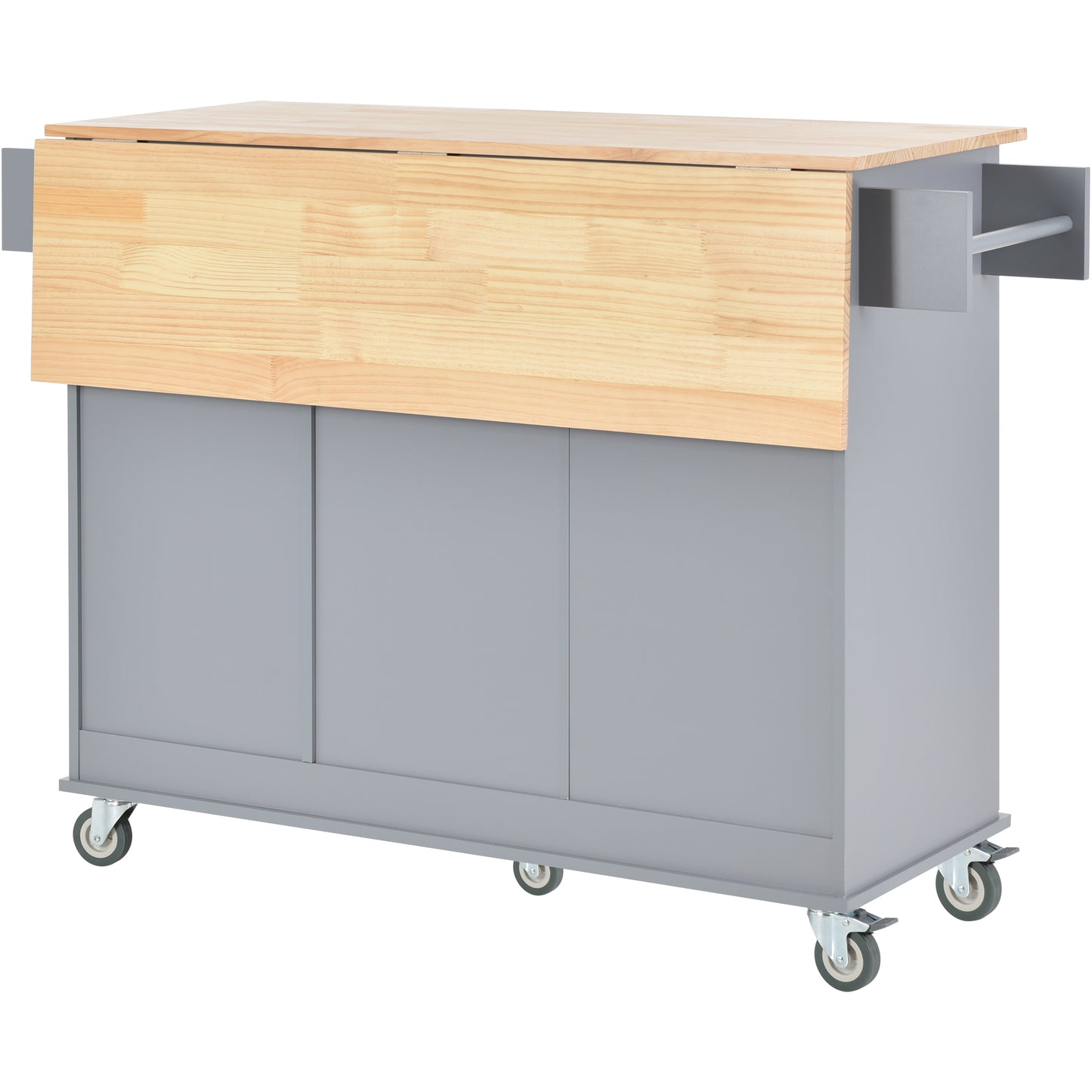 Compact kitchen island with drop leaf pine wood top and grey cabinets on wheels