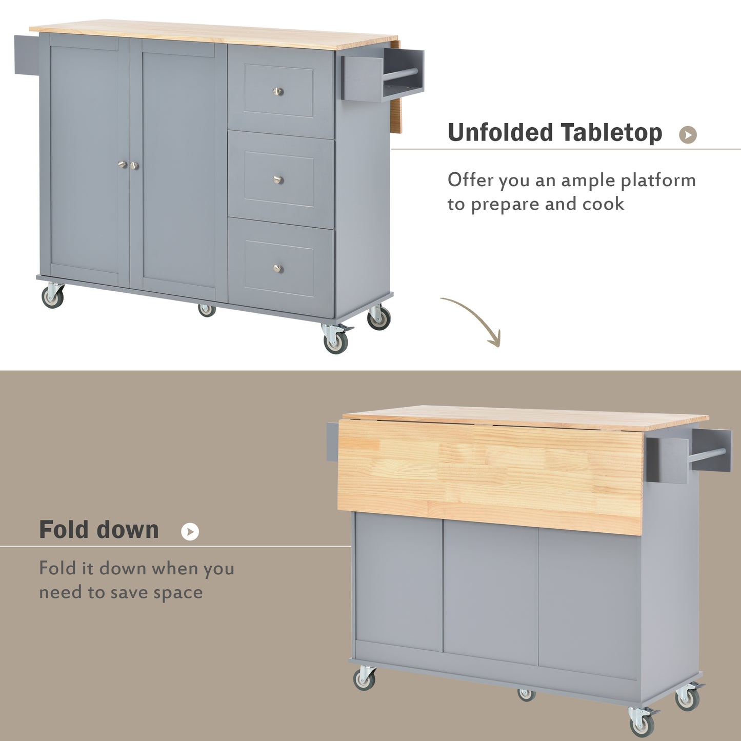 Grey kitchen island cart with butcher block top and pullout leaf