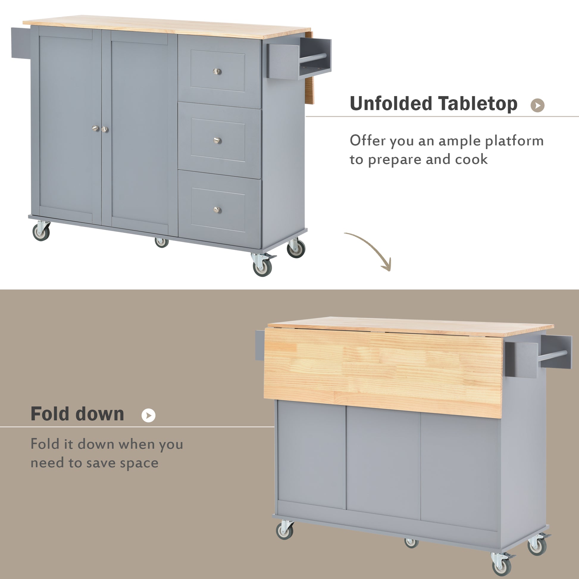 Grey kitchen island cart with butcher block top and pullout leaf