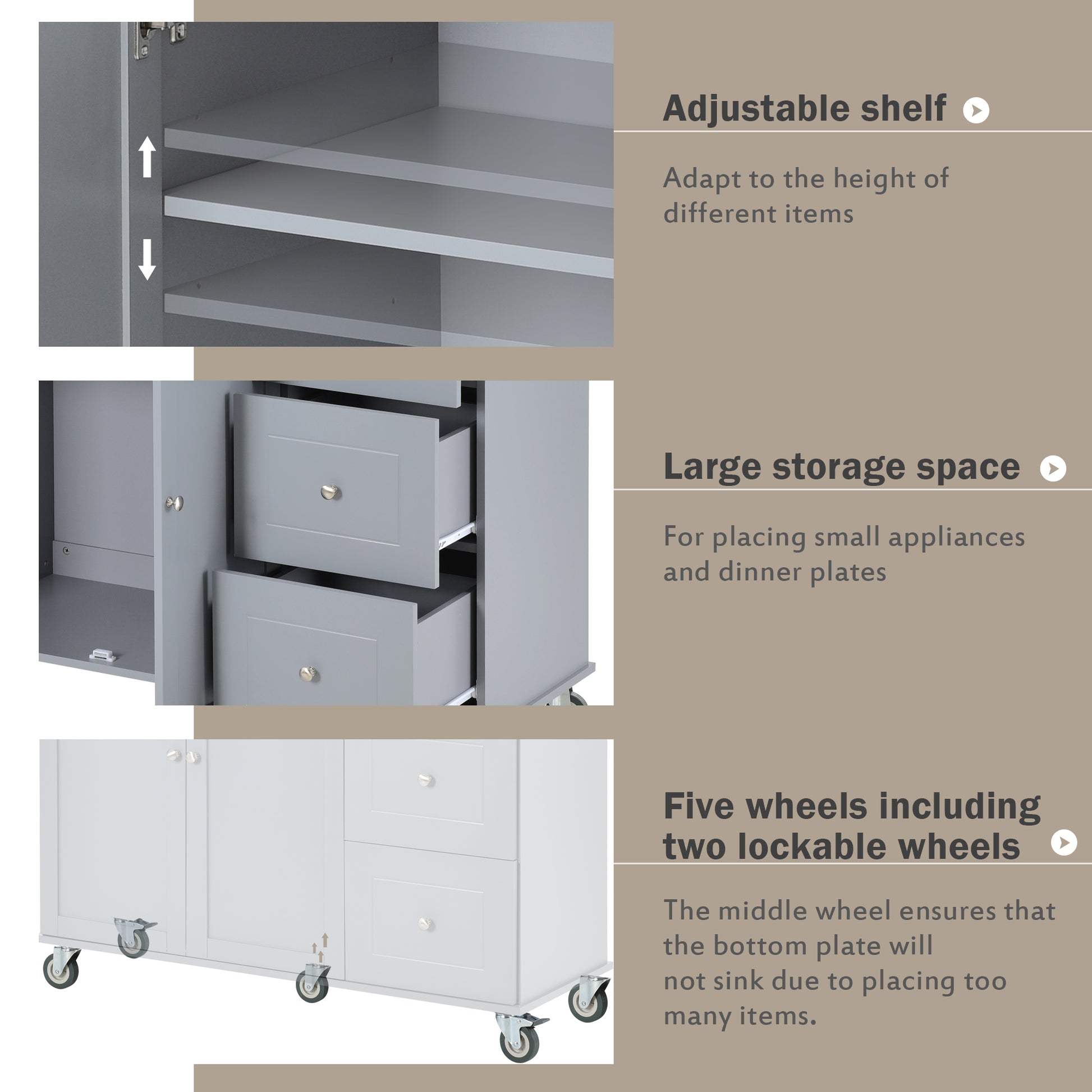 Grey kitchen island cart with adjustable shelf for customized storage