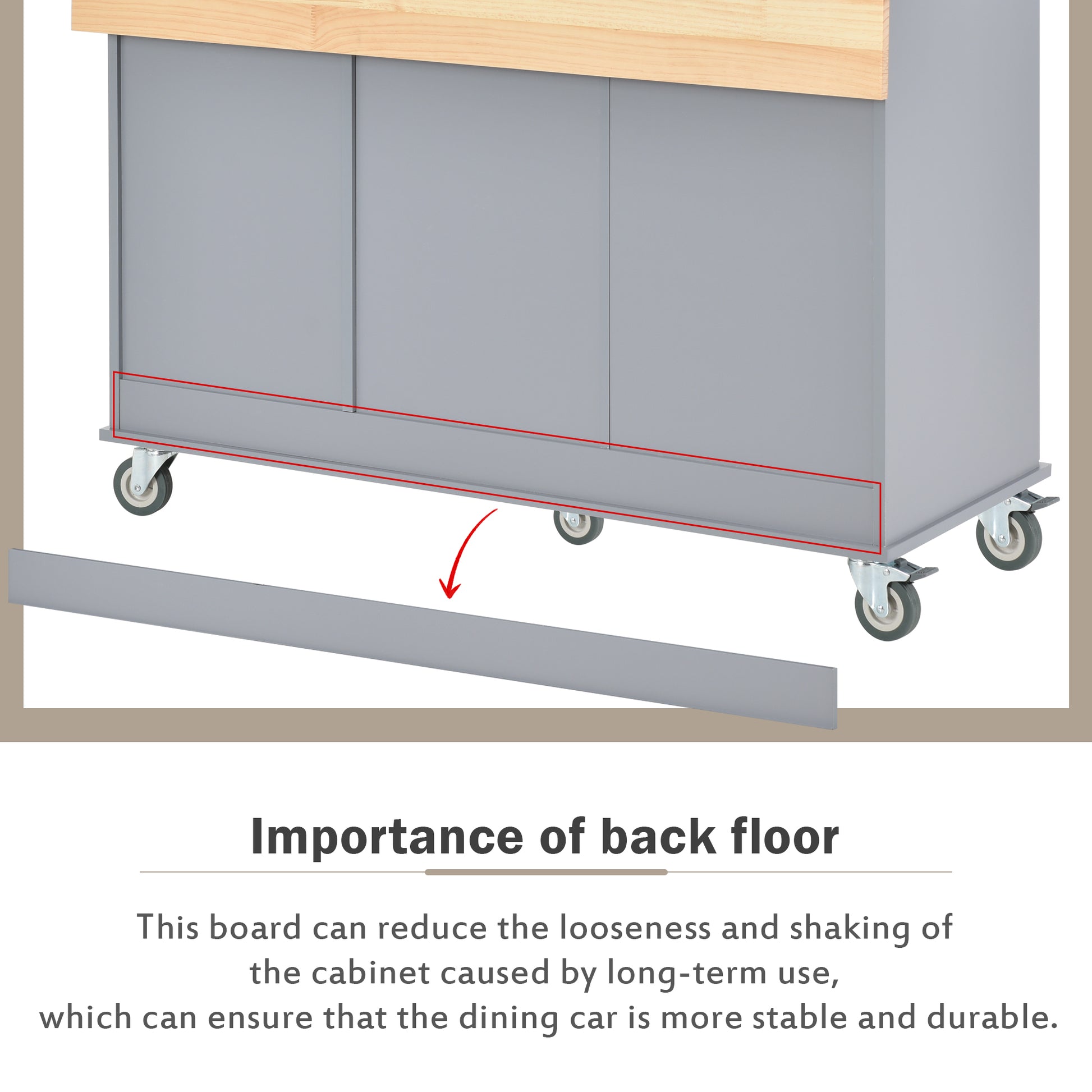 Gray kitchen cart base with removable kickboard attachment
