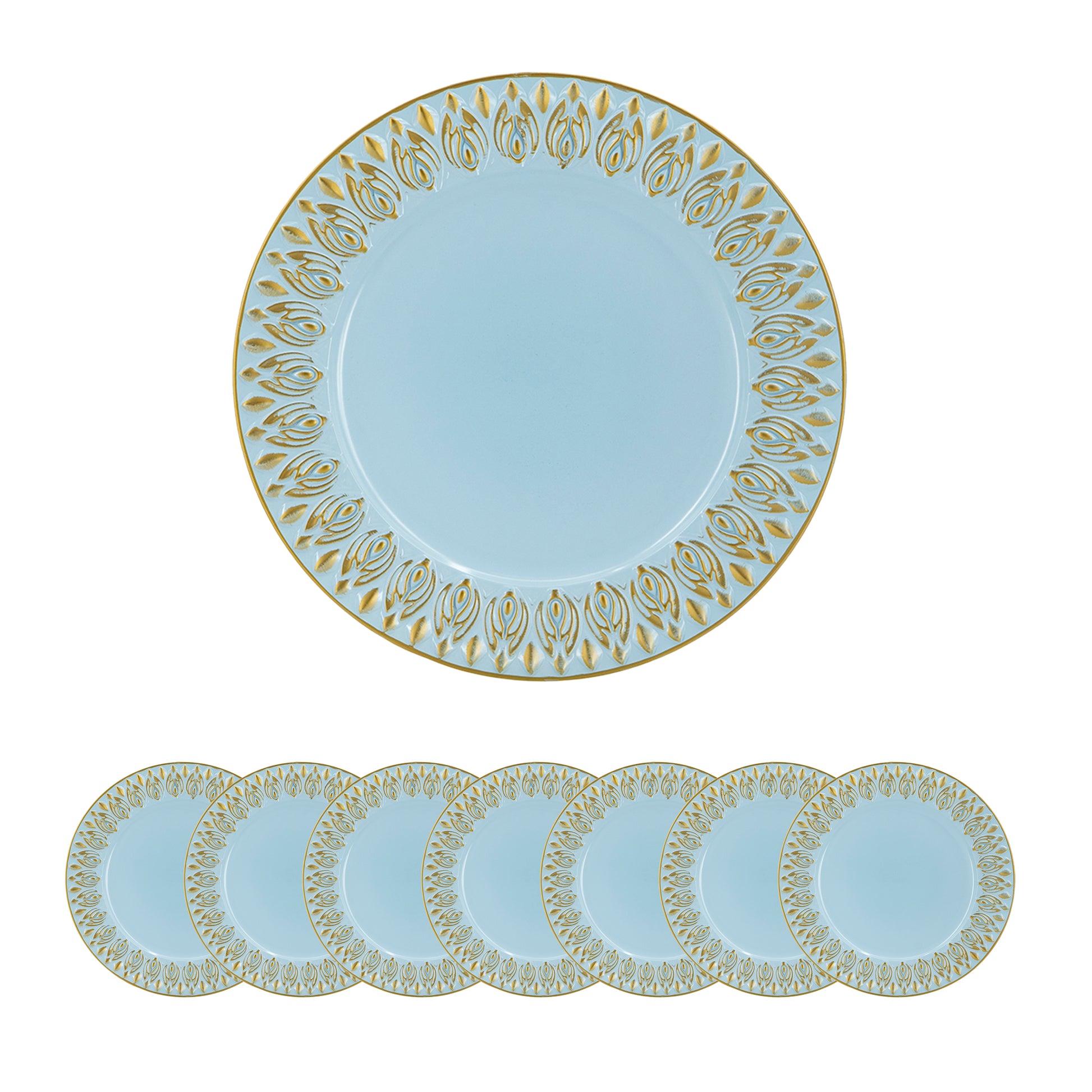 Pale blue ceramic plates with gold embossed floral rim design