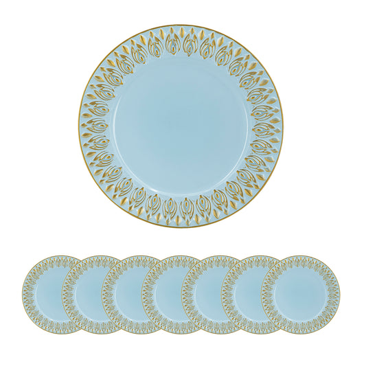 Pale blue ceramic plates with gold embossed floral rim design