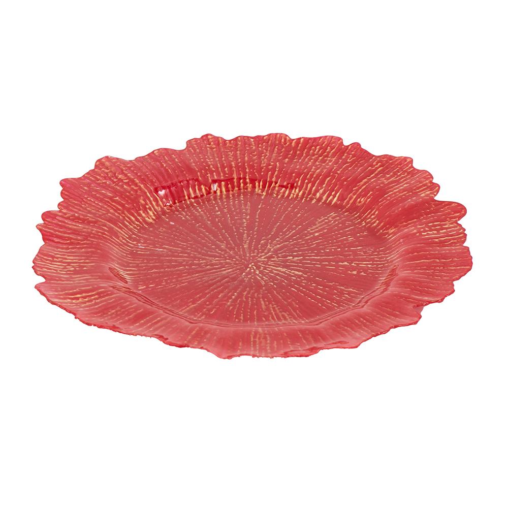 Coral textured red charger plate with gold accents for elegant dining