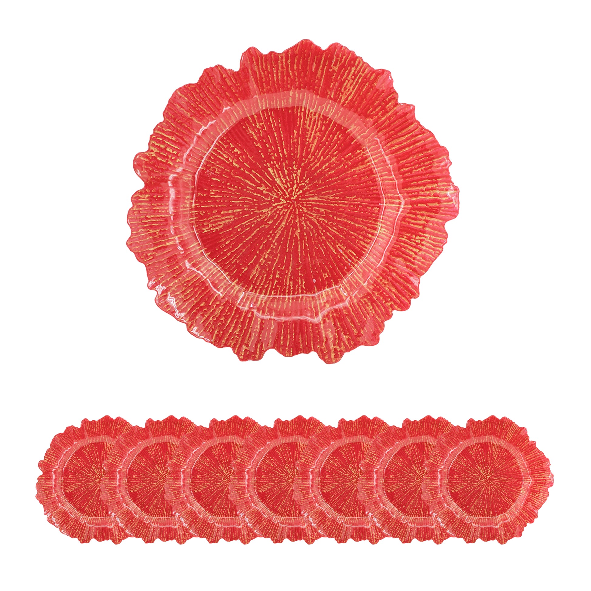 Red glass charger plates with textured gold accents set of