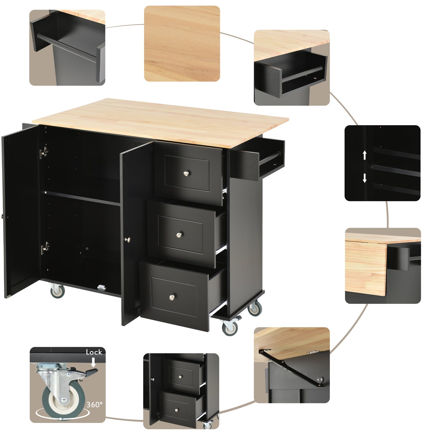 Black kitchen island cart with butcher block top and three drawers