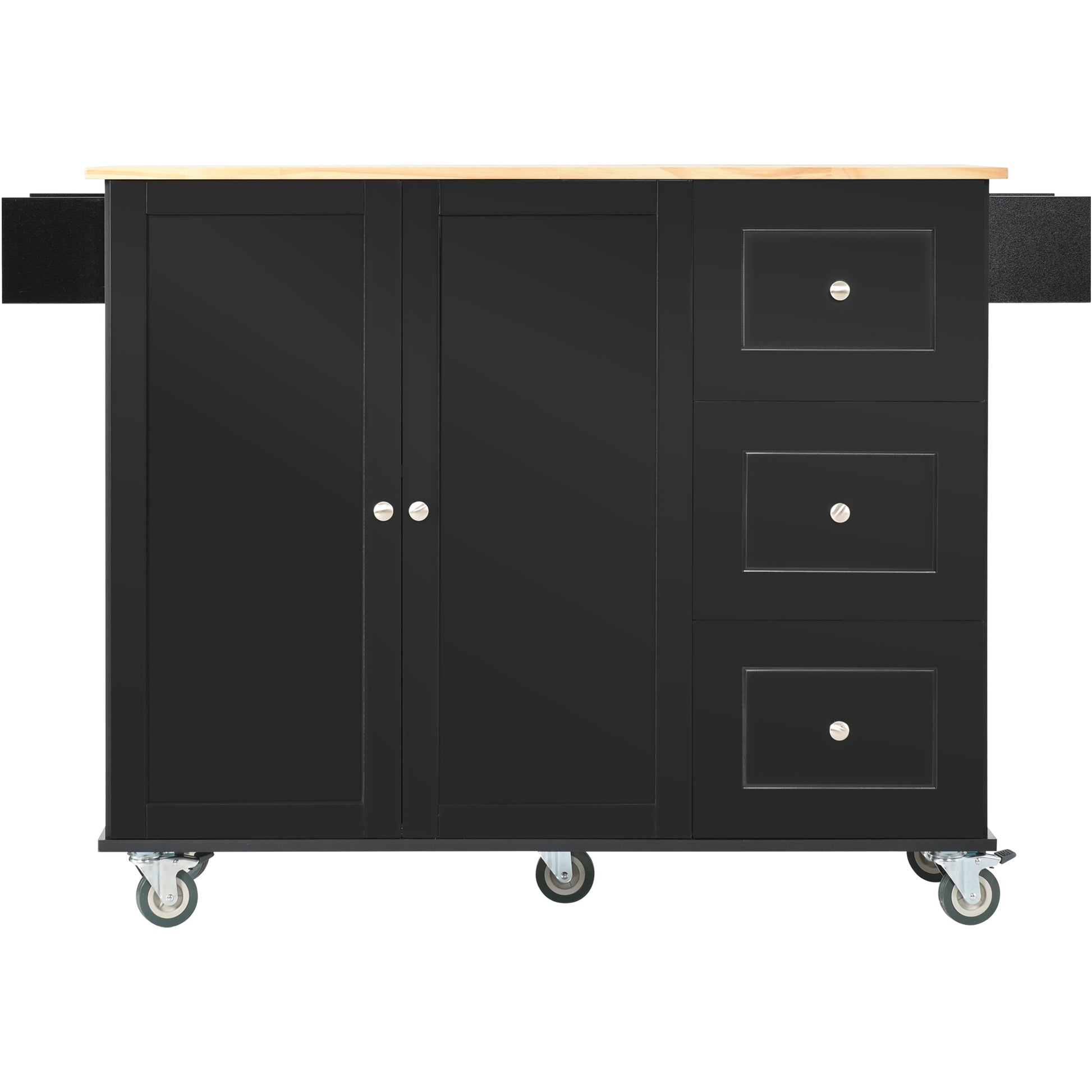 Black kitchen island with natural wood countertop and three drawers