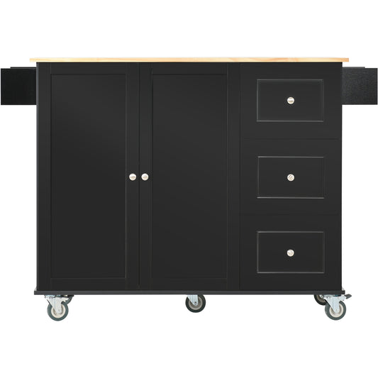 Black kitchen island with natural wood countertop and three drawers
