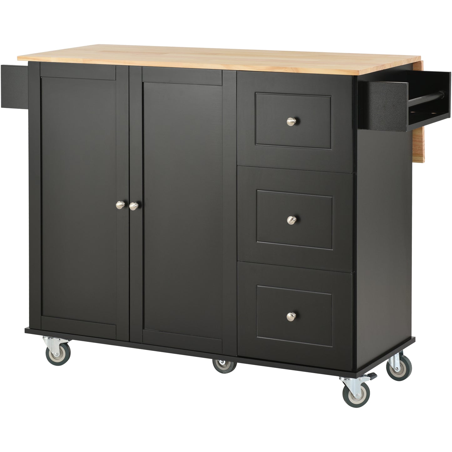 Black kitchen island cart with butcher block top and drop leaf extension