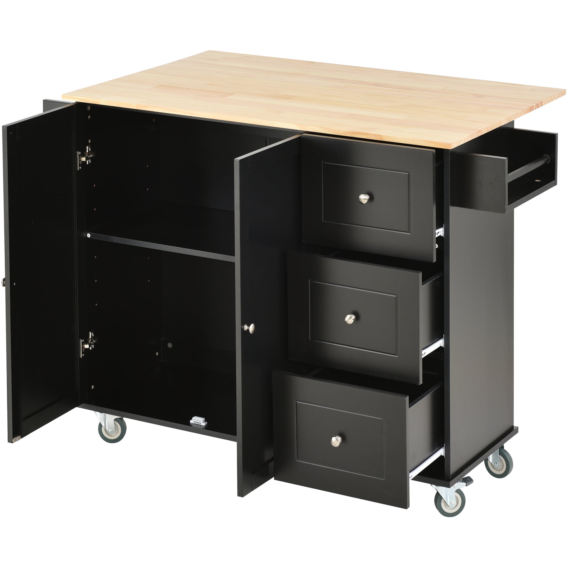 Black kitchen island cart with butcher block top and open cabinets revealing shelves