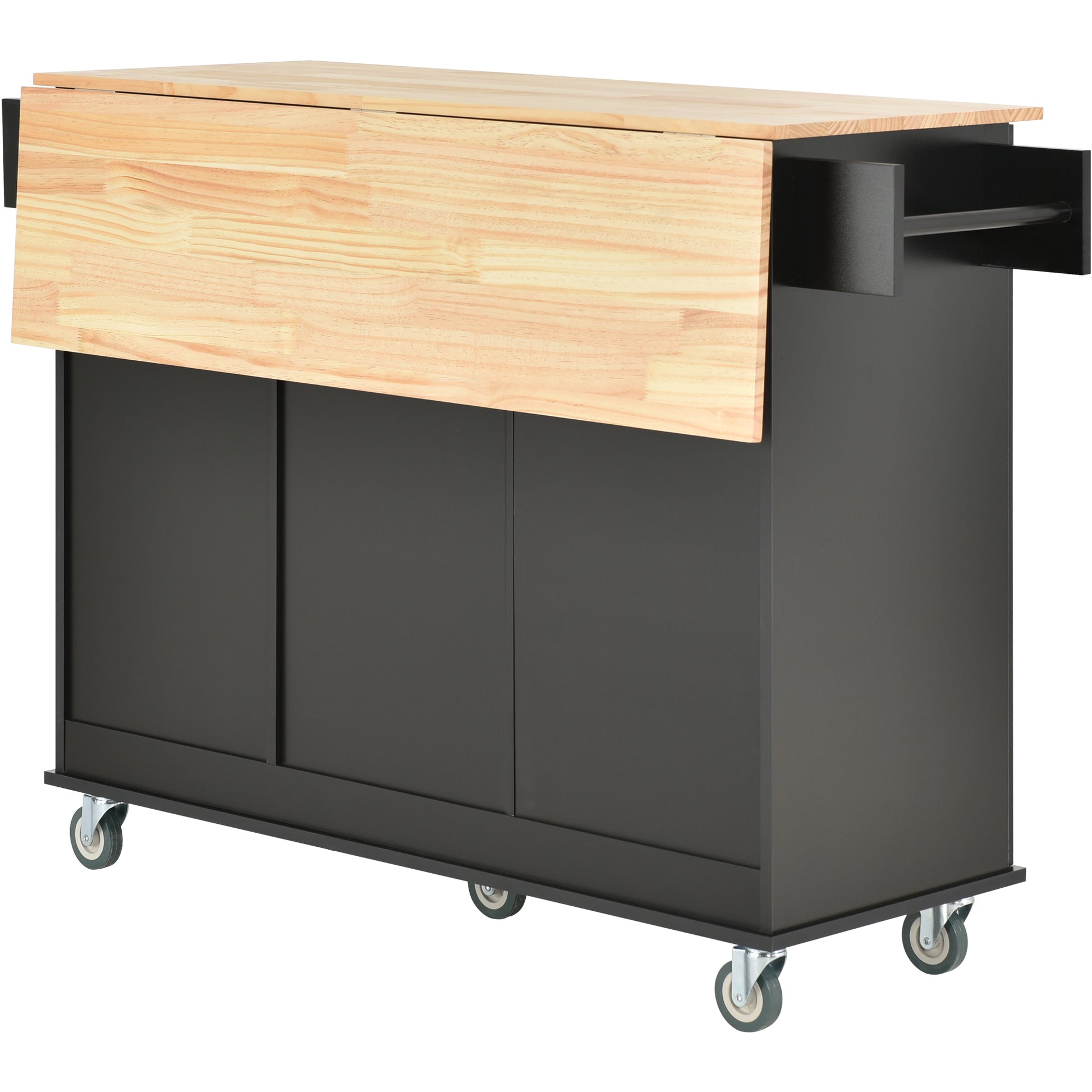 Black mobile kitchen island with butcher block top and drop leaf