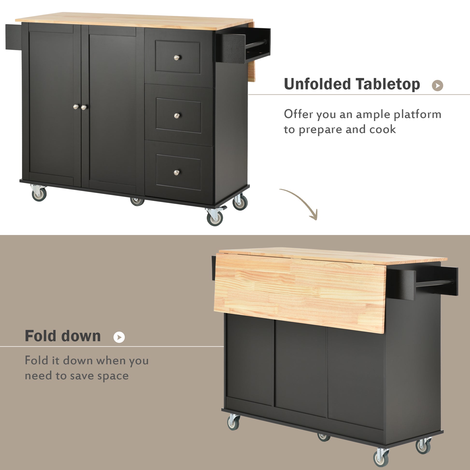 Black kitchen island cart with wooden butcher block top and three drawers