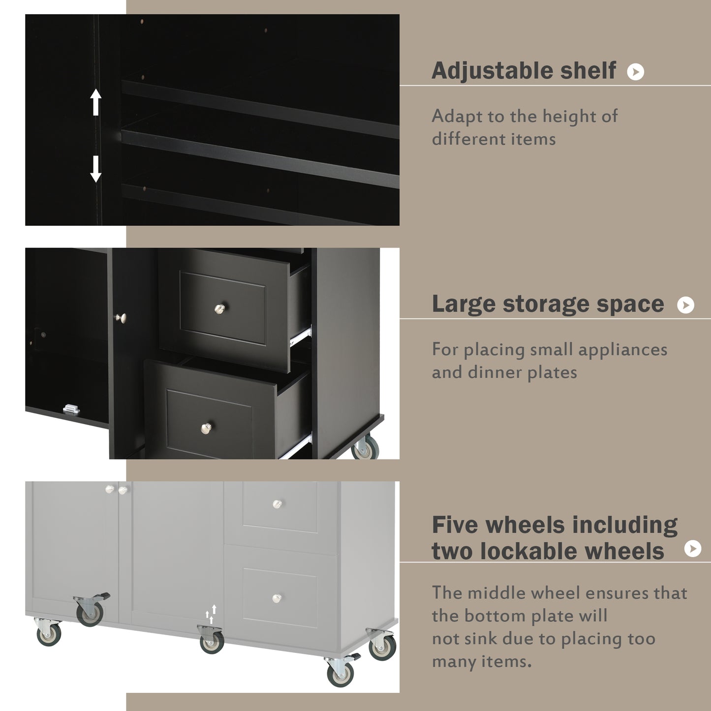 Black kitchen island with adjustable shelves