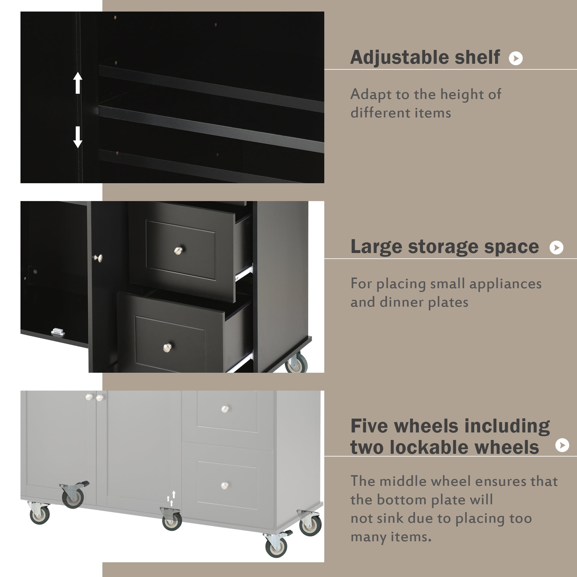 Black kitchen island with adjustable shelves