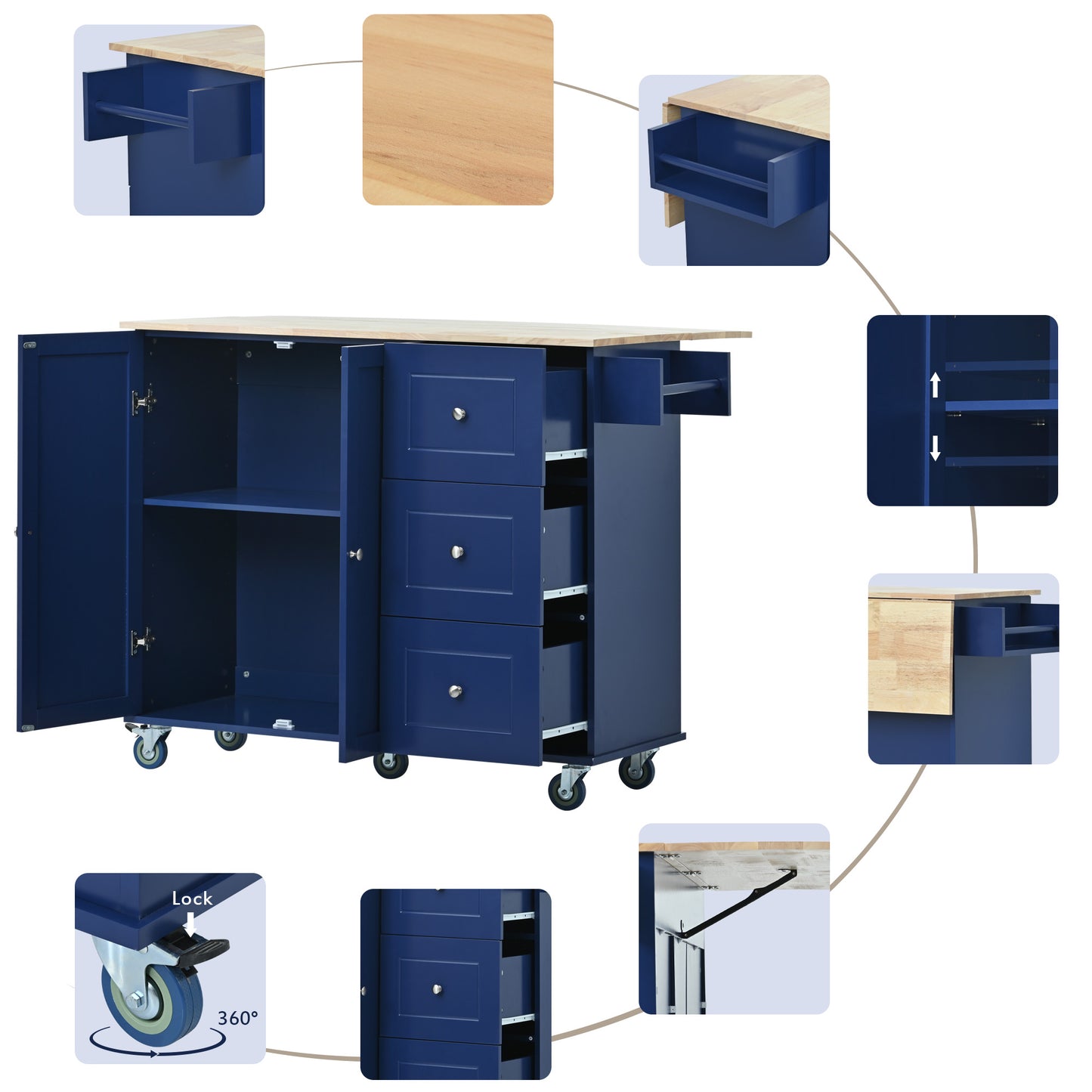 Blue kitchen island cart with wooden countertop and multiple drawers