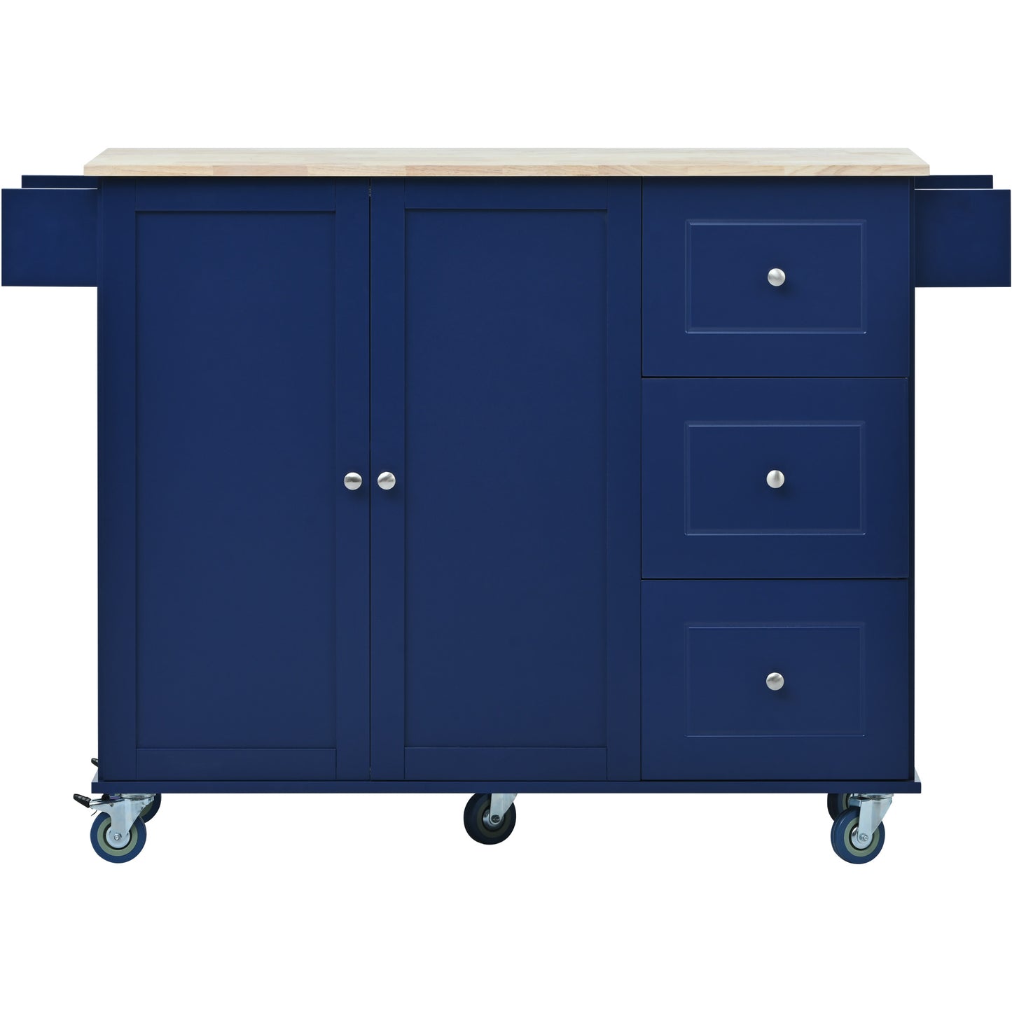 Blue kitchen island with butcher block top and silver hardware