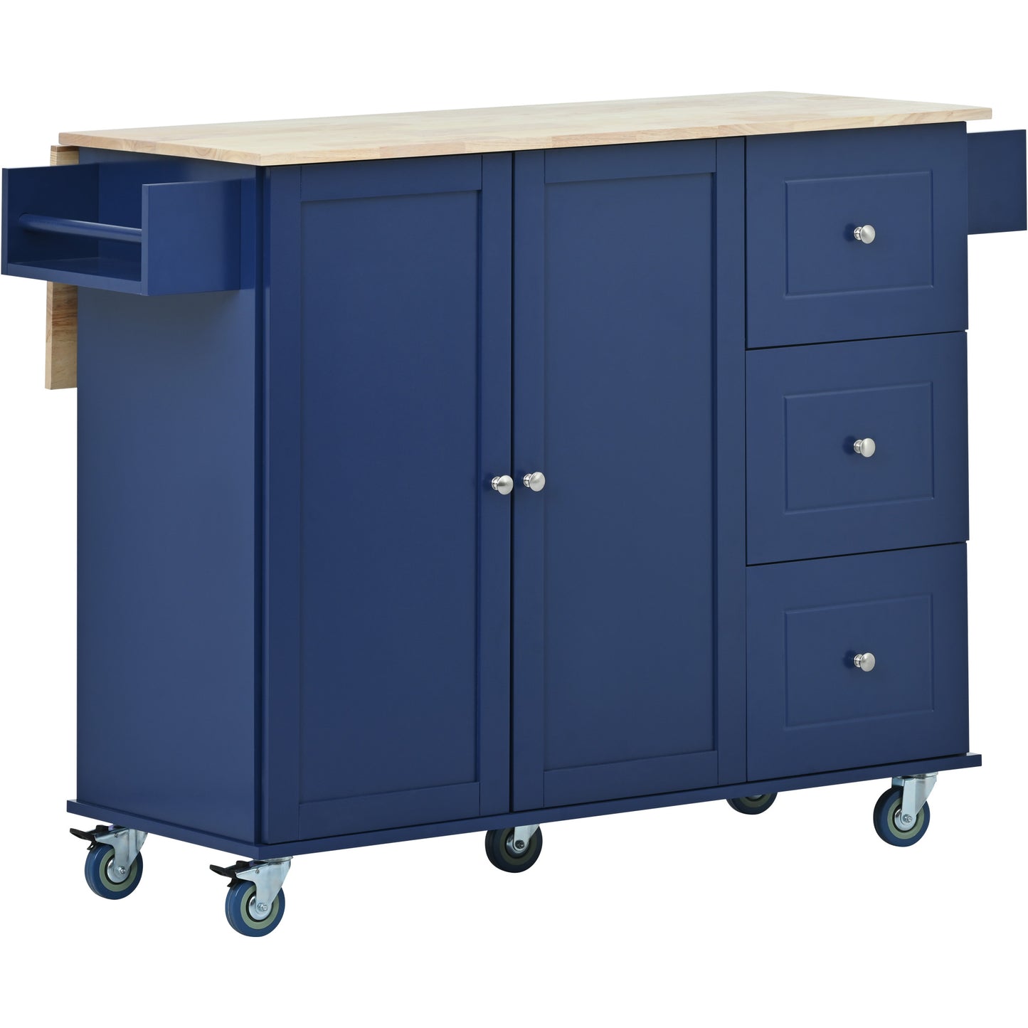 Navy blue kitchen island cart with butcher block top and silver hardware