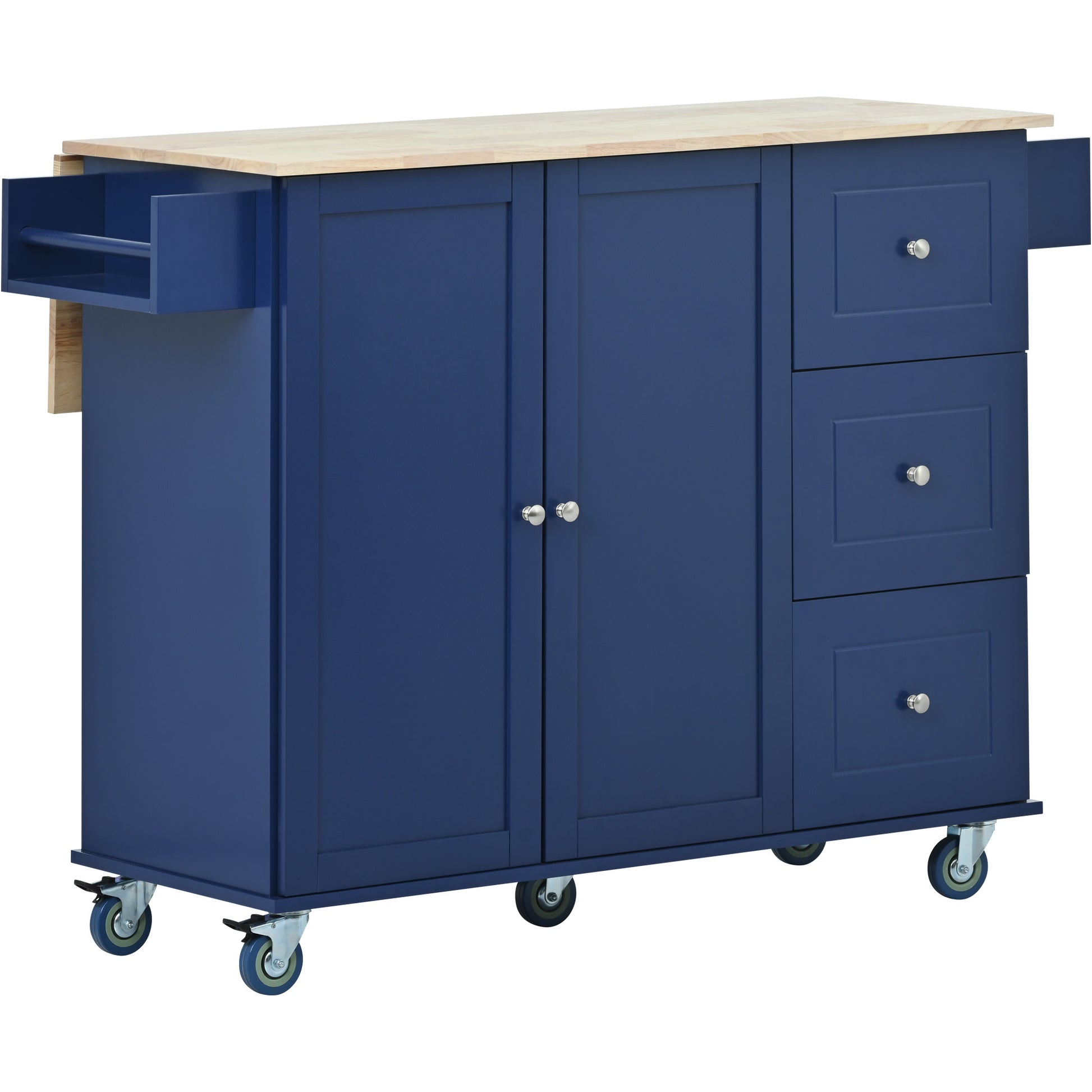 Navy blue kitchen island cart with butcher block top and silver hardware
