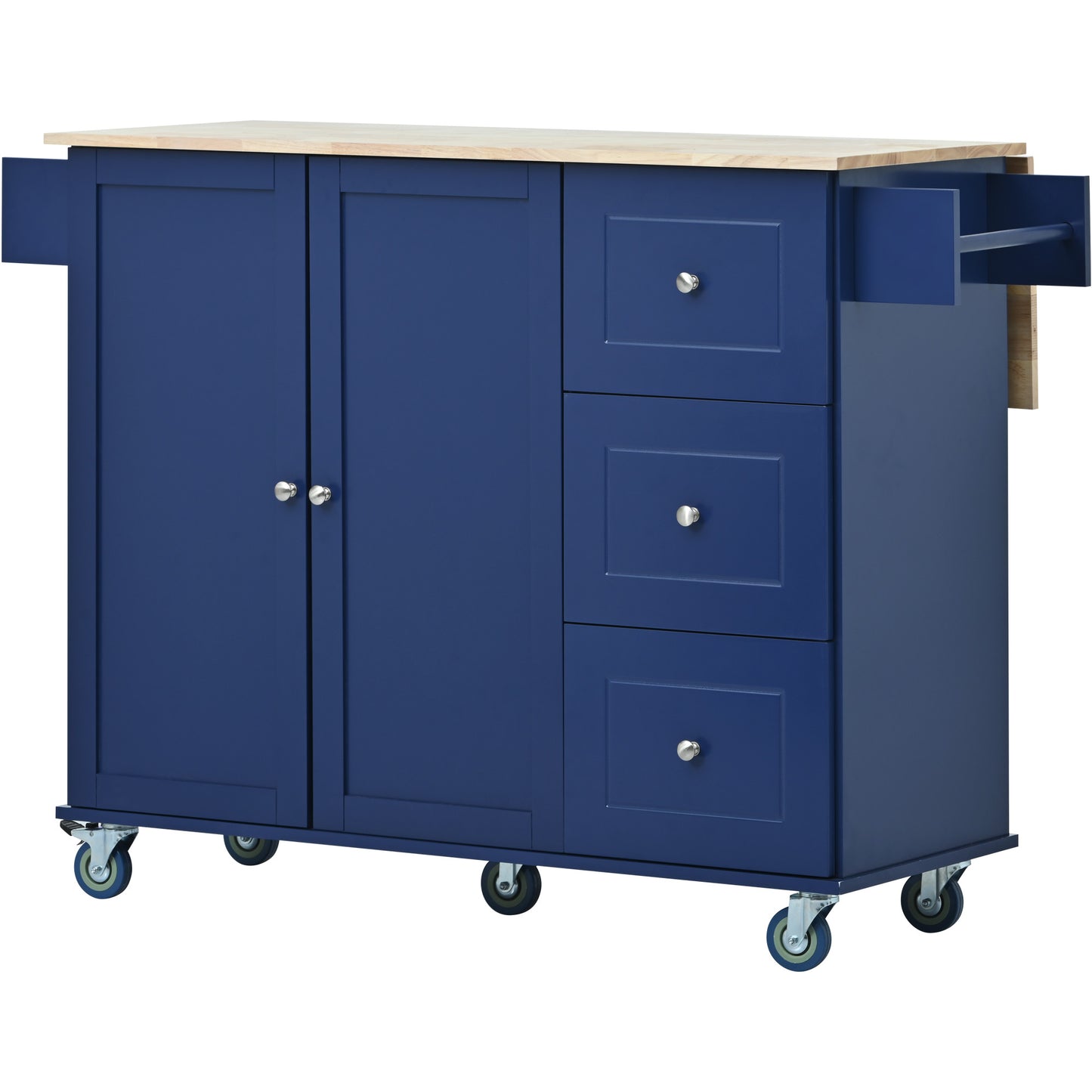 Blue kitchen island with butcher block top and three drawers