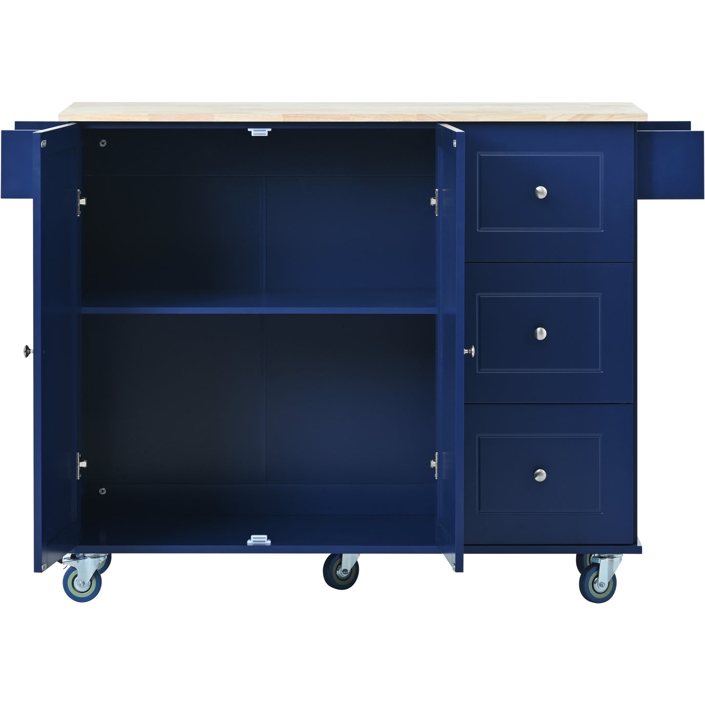 Navy blue kitchen island cart with butcher block top and open cabinets