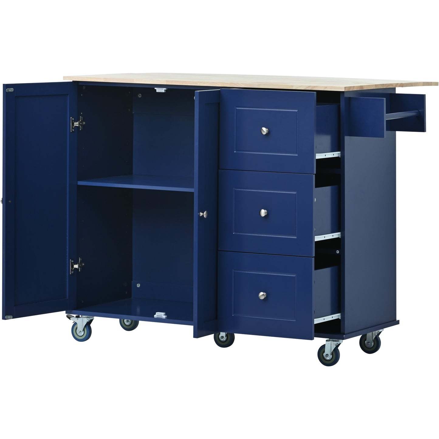 Navy blue kitchen island cart with wood top and silver knobs
