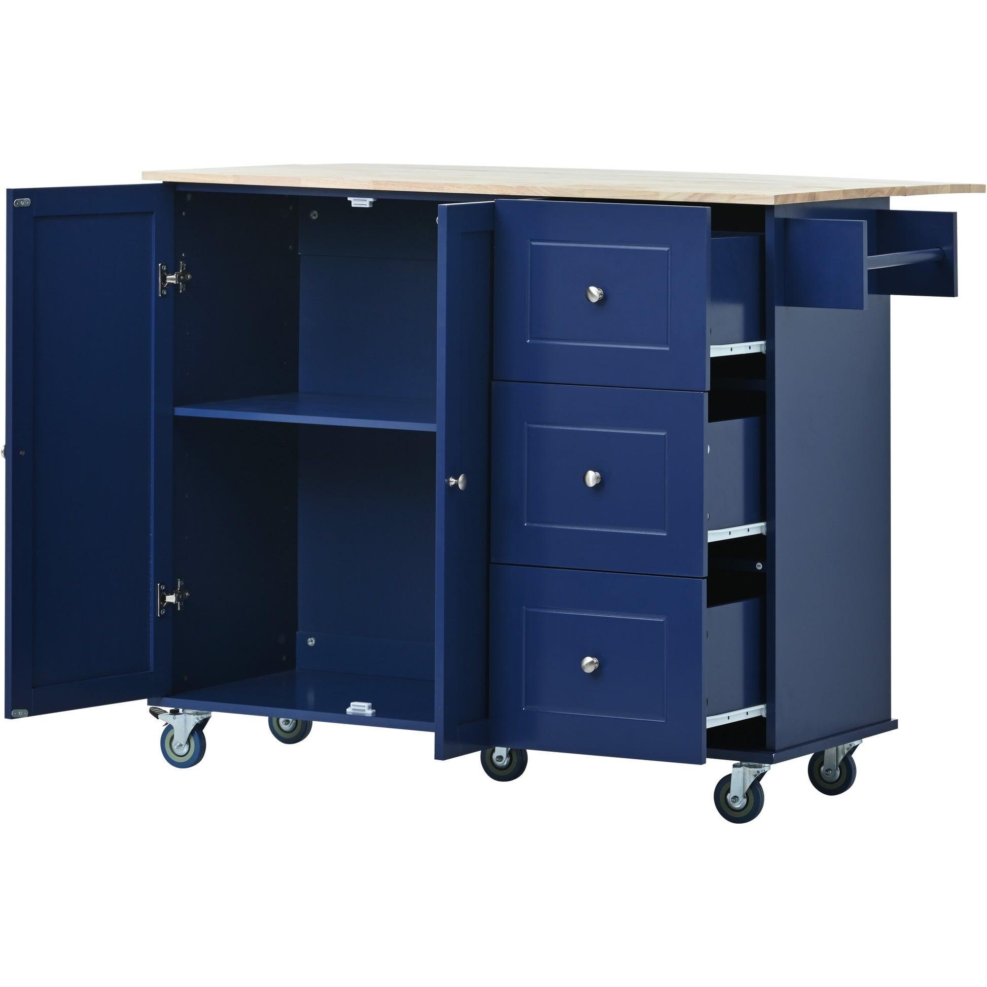 Navy blue kitchen island cart with wood top and silver knobs