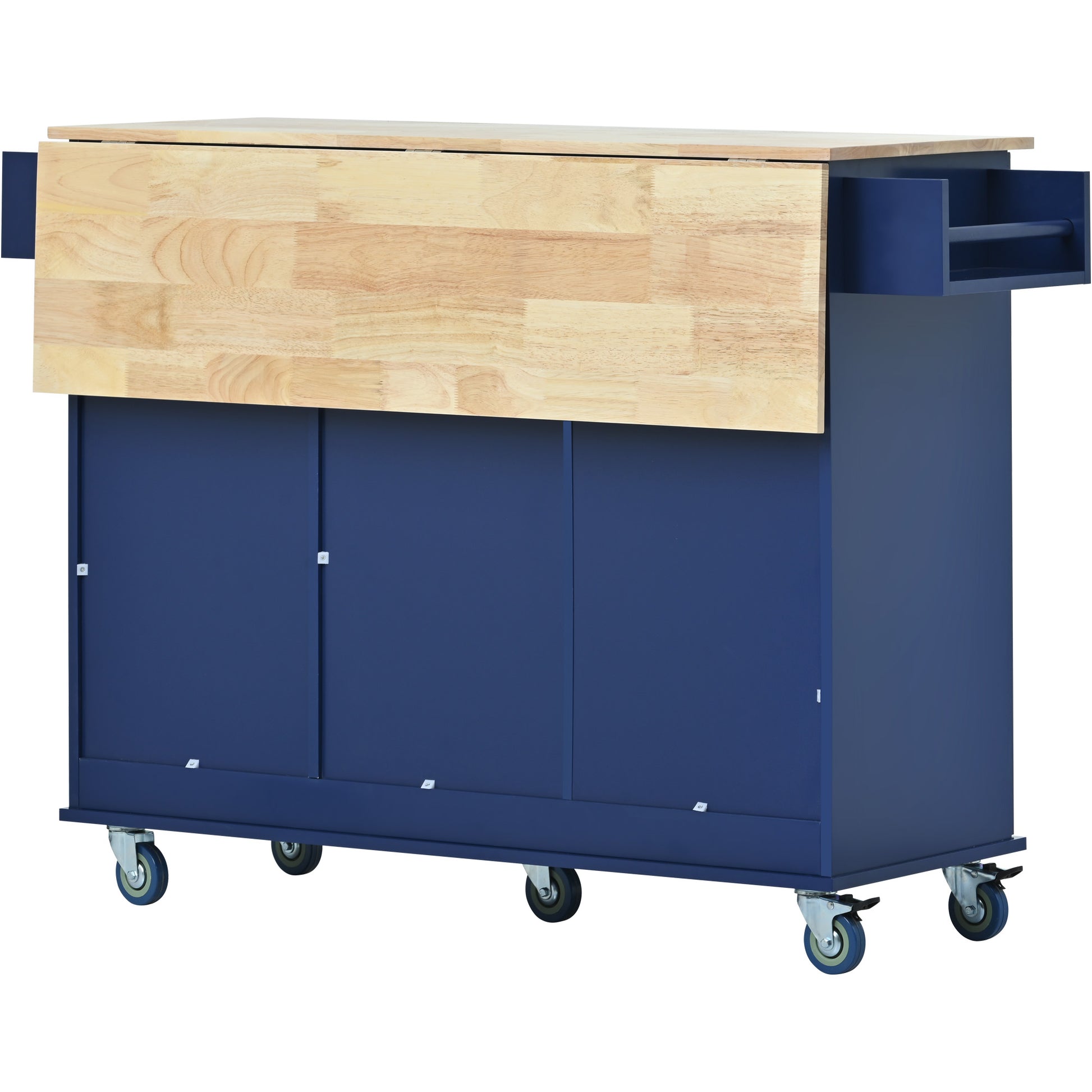 Blue kitchen island cart with butcher block top and pullout drawer