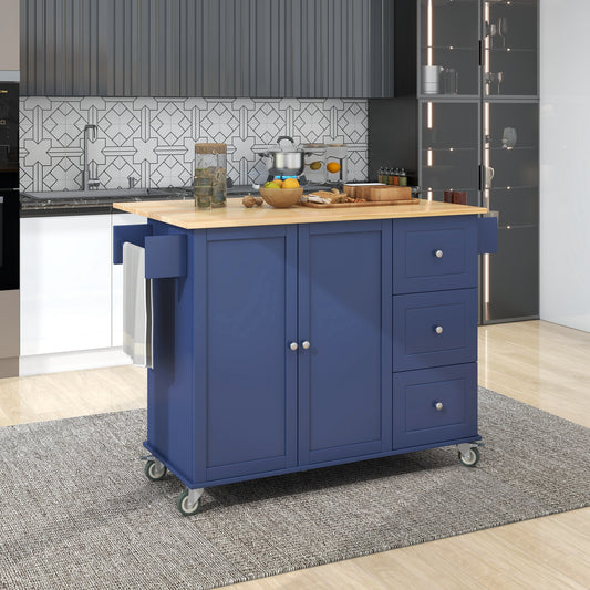 Blue kitchen island with butcher block top and rolling wheels