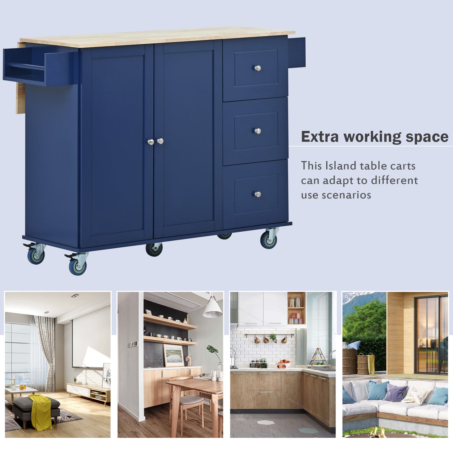 Blue kitchen island cart with wooden top and silver hardware