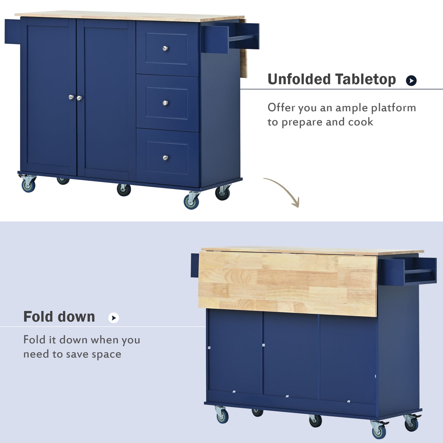 Navy kitchen cart with butcher block top and extended leaf
