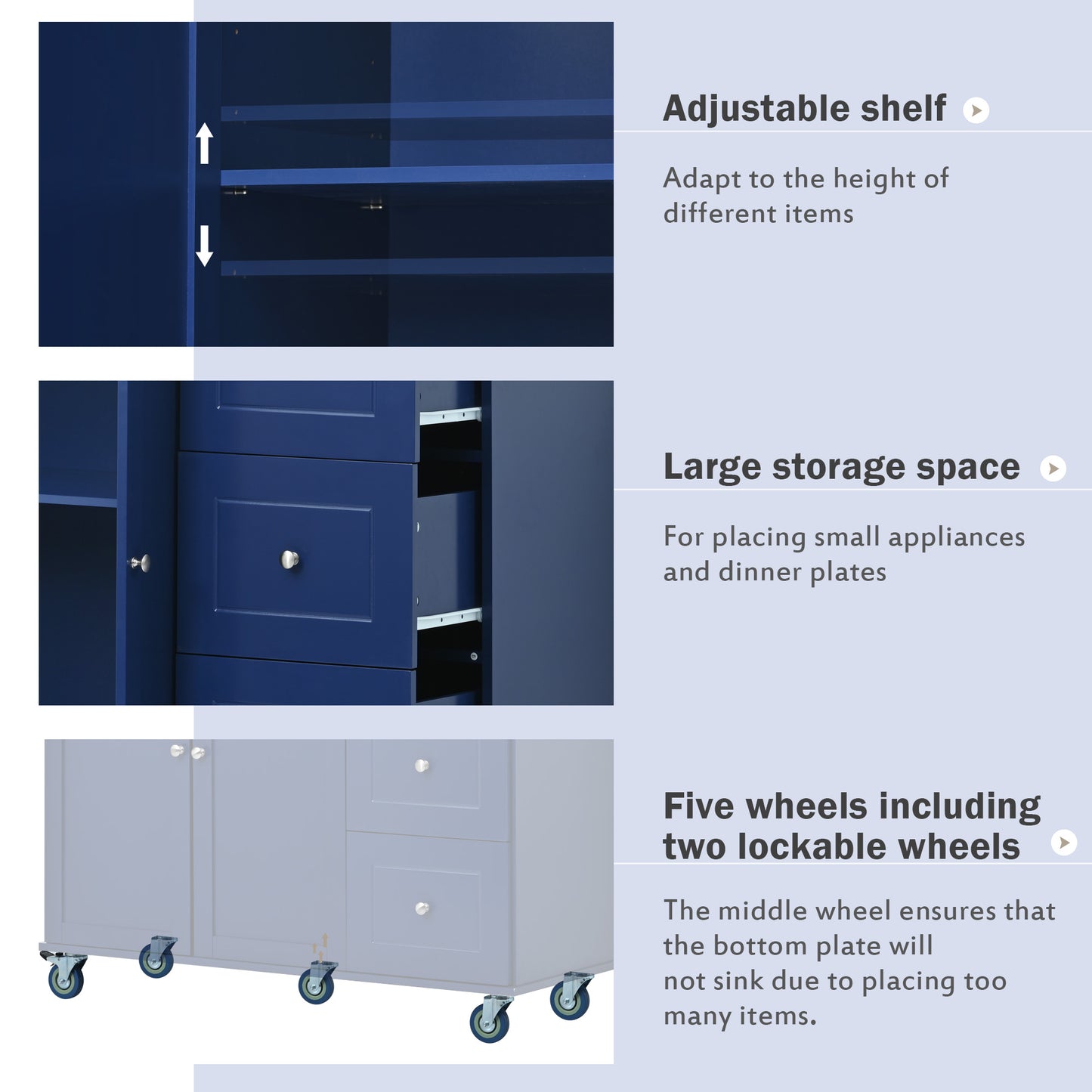 Dark blue cabinet with adjustable shelves for versatile storage solutions