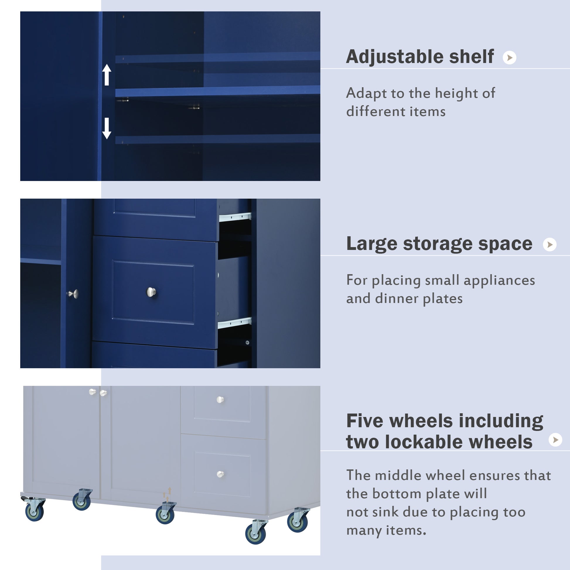 Dark blue cabinet with adjustable shelves for versatile storage solutions