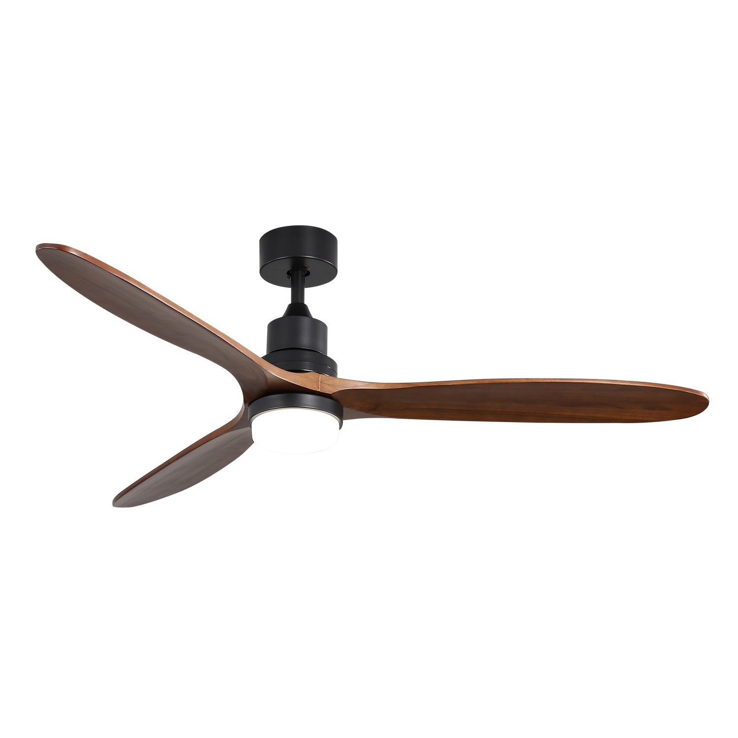 Modern black ceiling fan with three walnut wood blades and integrated LED light