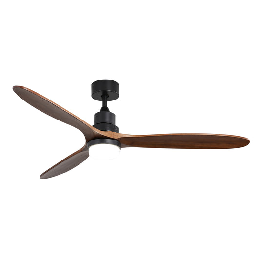 Modern black ceiling fan with three walnut wood blades and integrated LED light