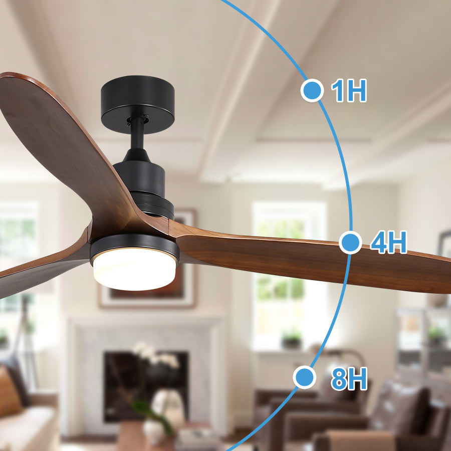 Modern black ceiling fan with three walnut wood blades and integrated LED light