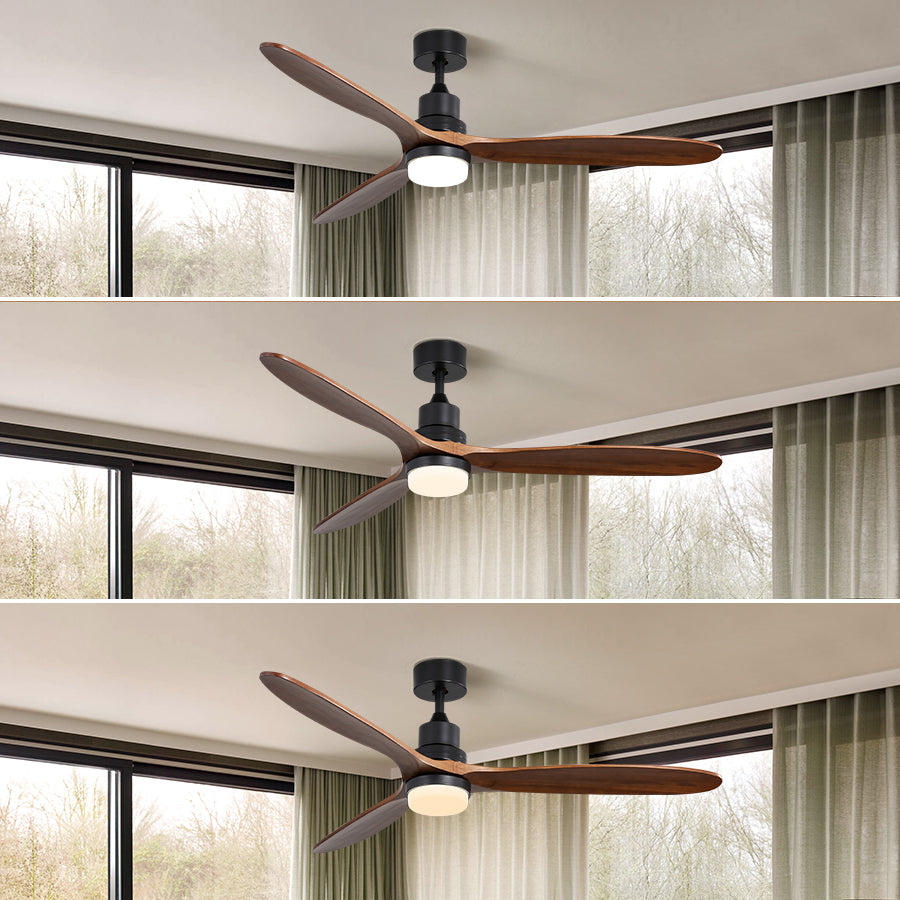 Modern black ceiling fan with three walnut wood blades and integrated LED light