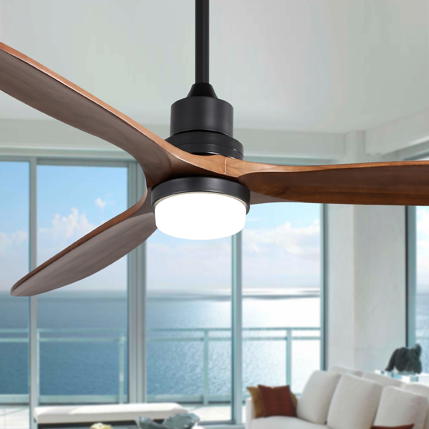 Modern black ceiling fan with wooden blades and integrated LED light
