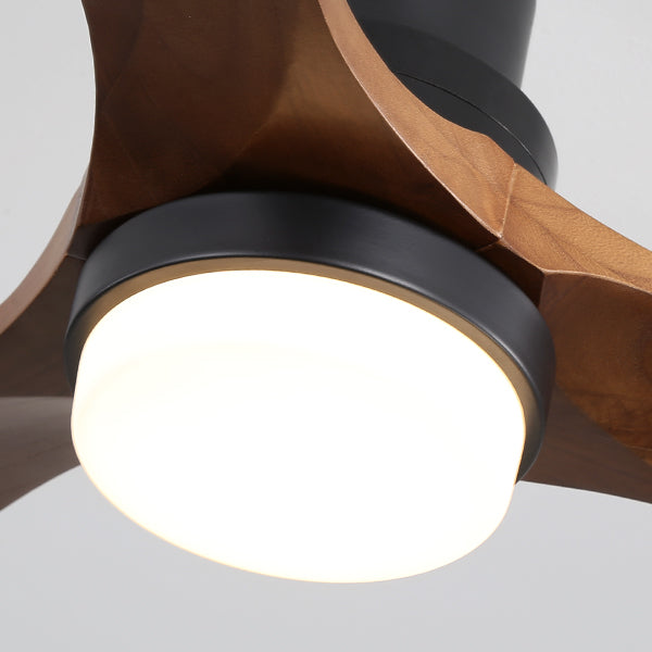 Modern black ceiling fan with carved wood blades and integrated LED light