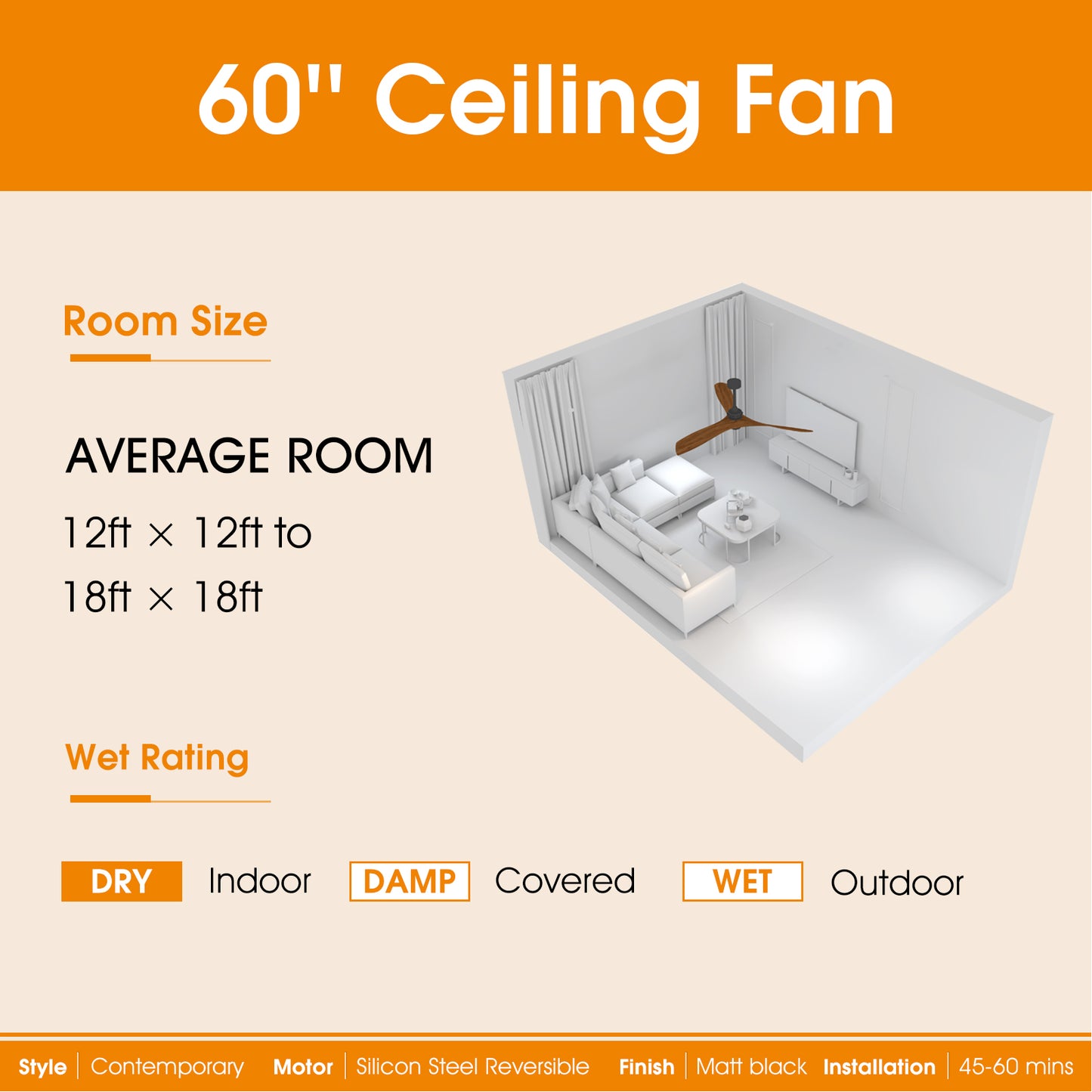 inch contemporary ceiling fan with dark wood blades in a modern living room