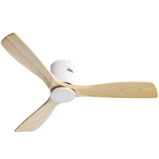 White modern ceiling fan with three natural wood blades and integrated LED light