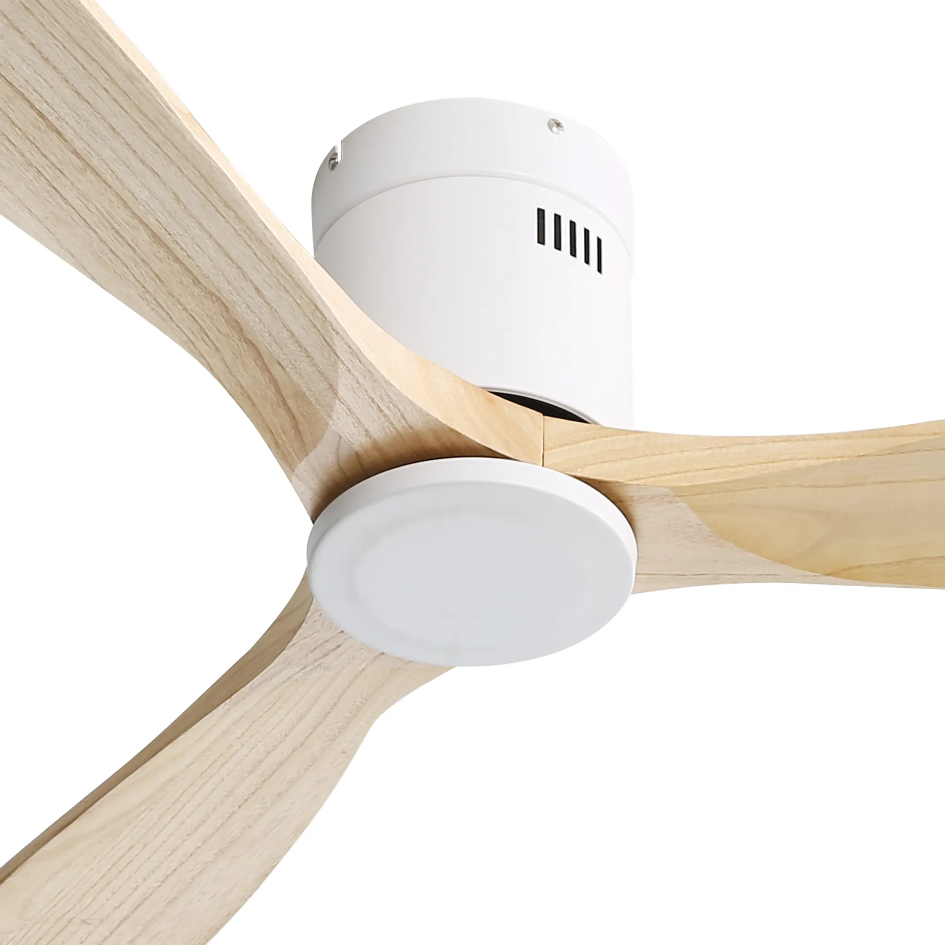 Modern white ceiling fan with natural wood blades and integrated LED light