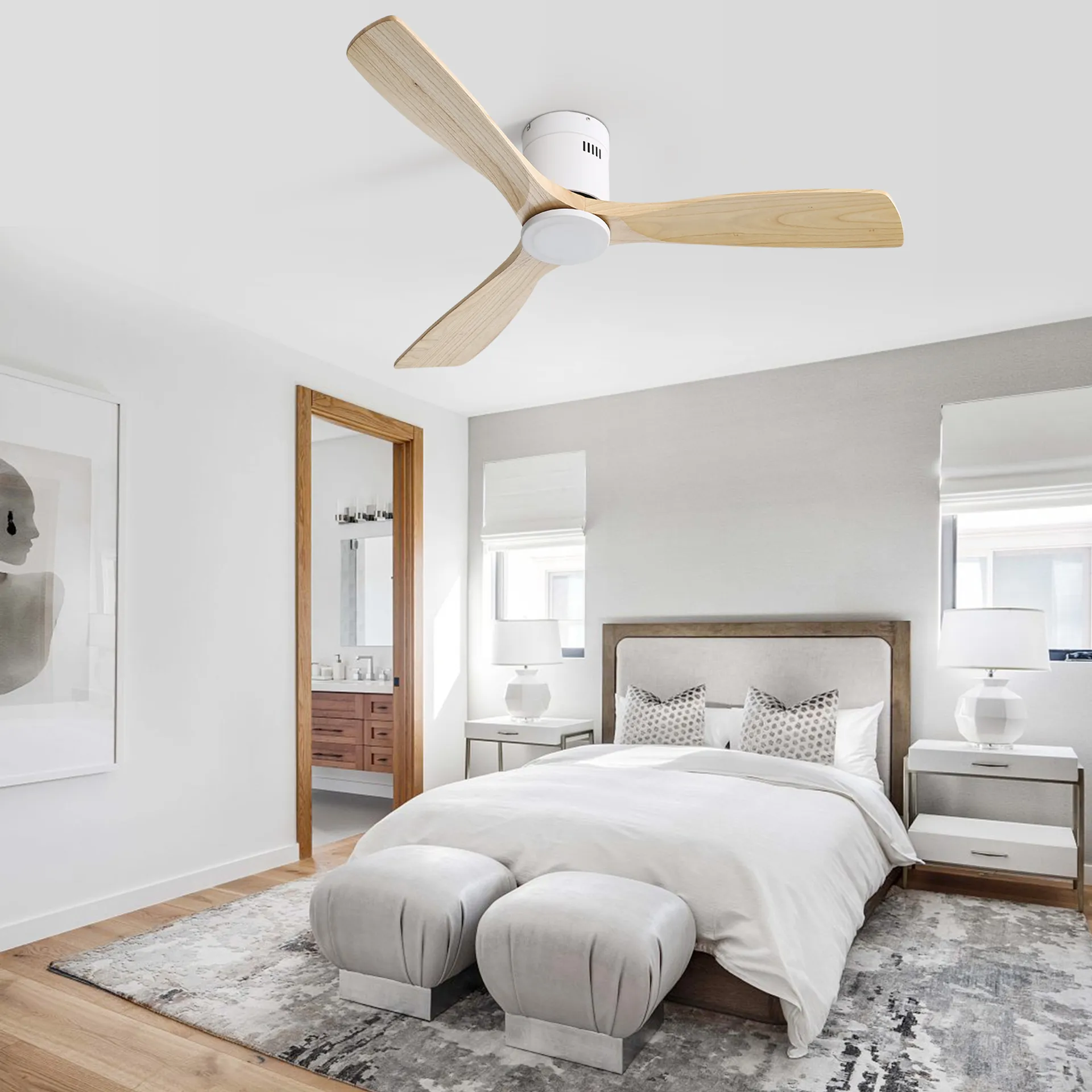Modern bedroom ceiling fan with light wood blades and white housing