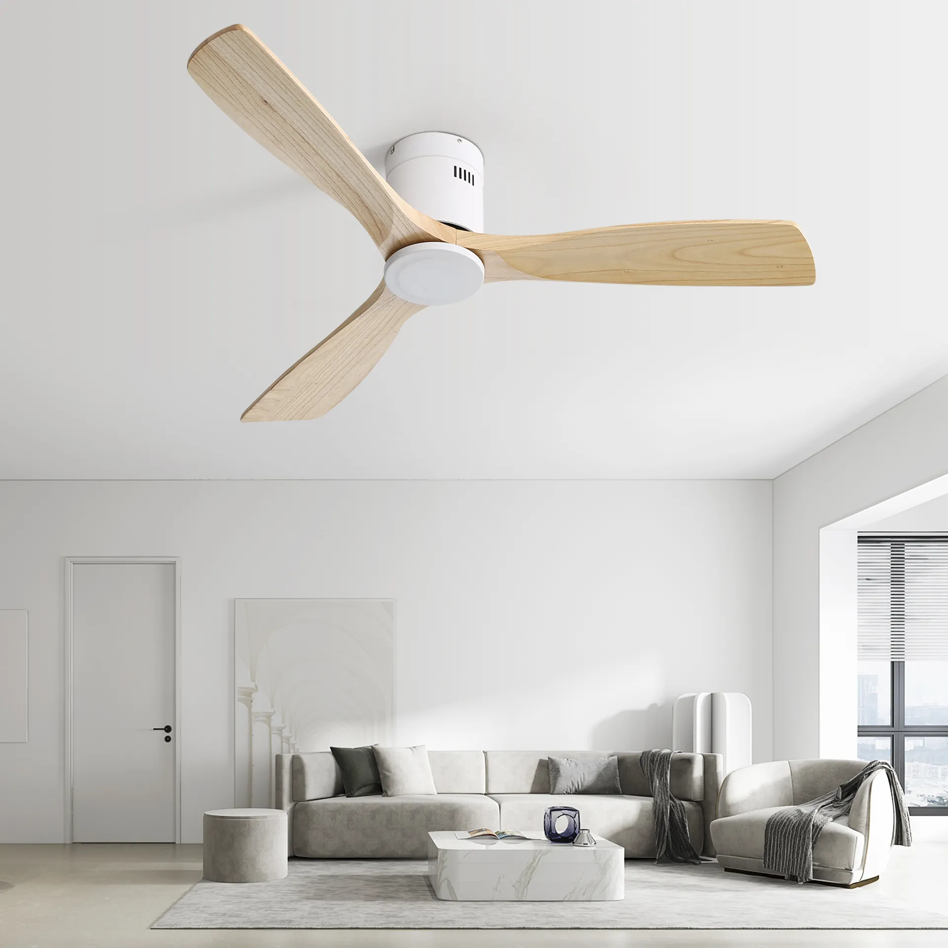 Modern blade wood ceiling fan with white motor housing and integrated LED light