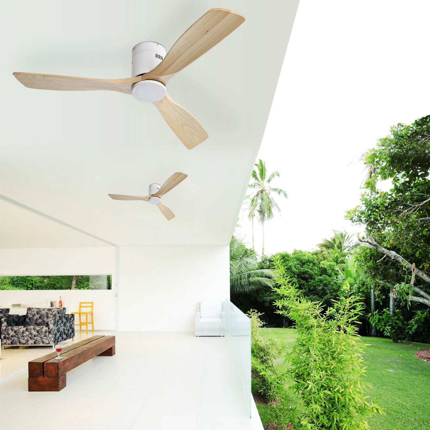 Modern white ceiling fan with natural wood blades ideal for living spaces