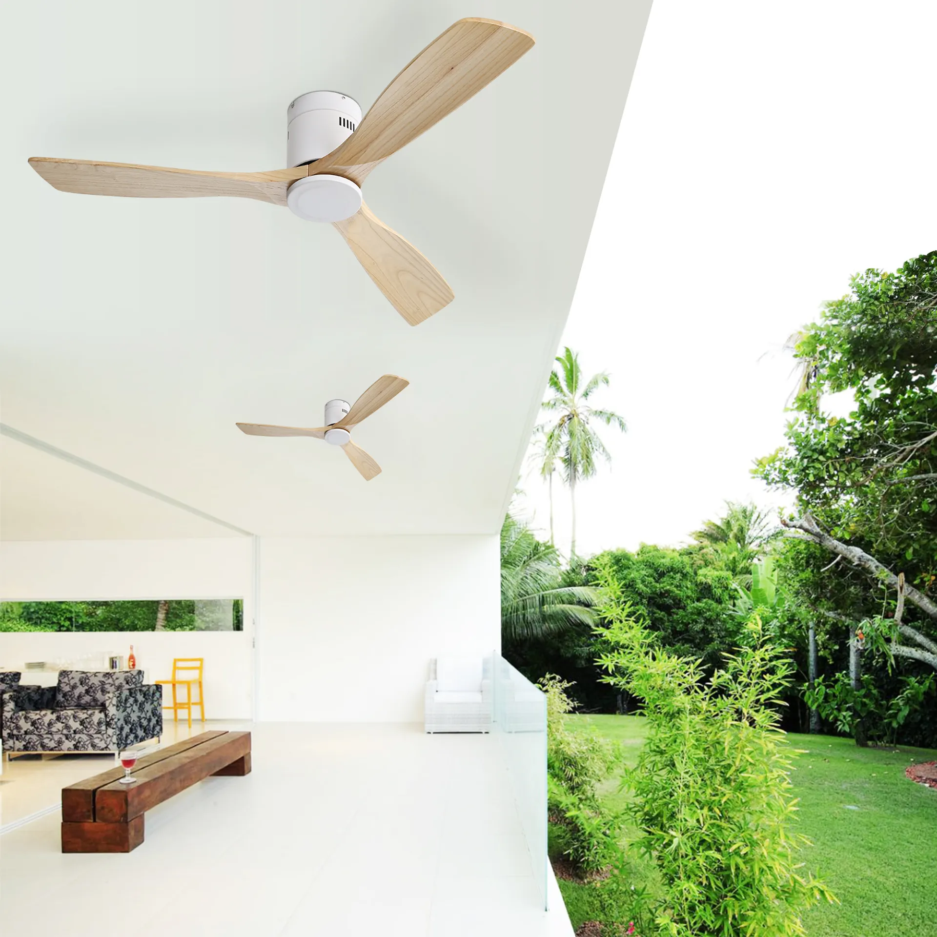 Modern white ceiling fan with natural wood blades ideal for living spaces
