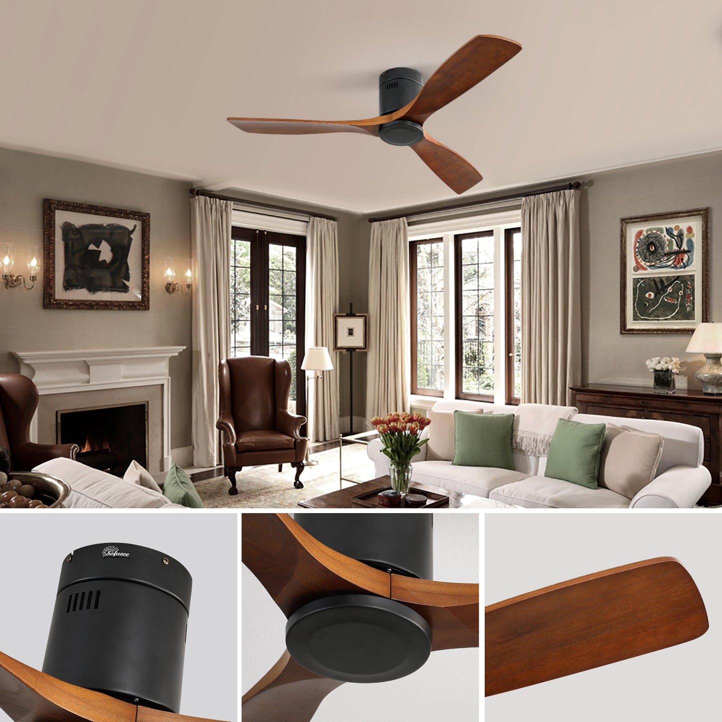 Modern blade ceiling fan with dark wood blades and black motor ideal for living rooms