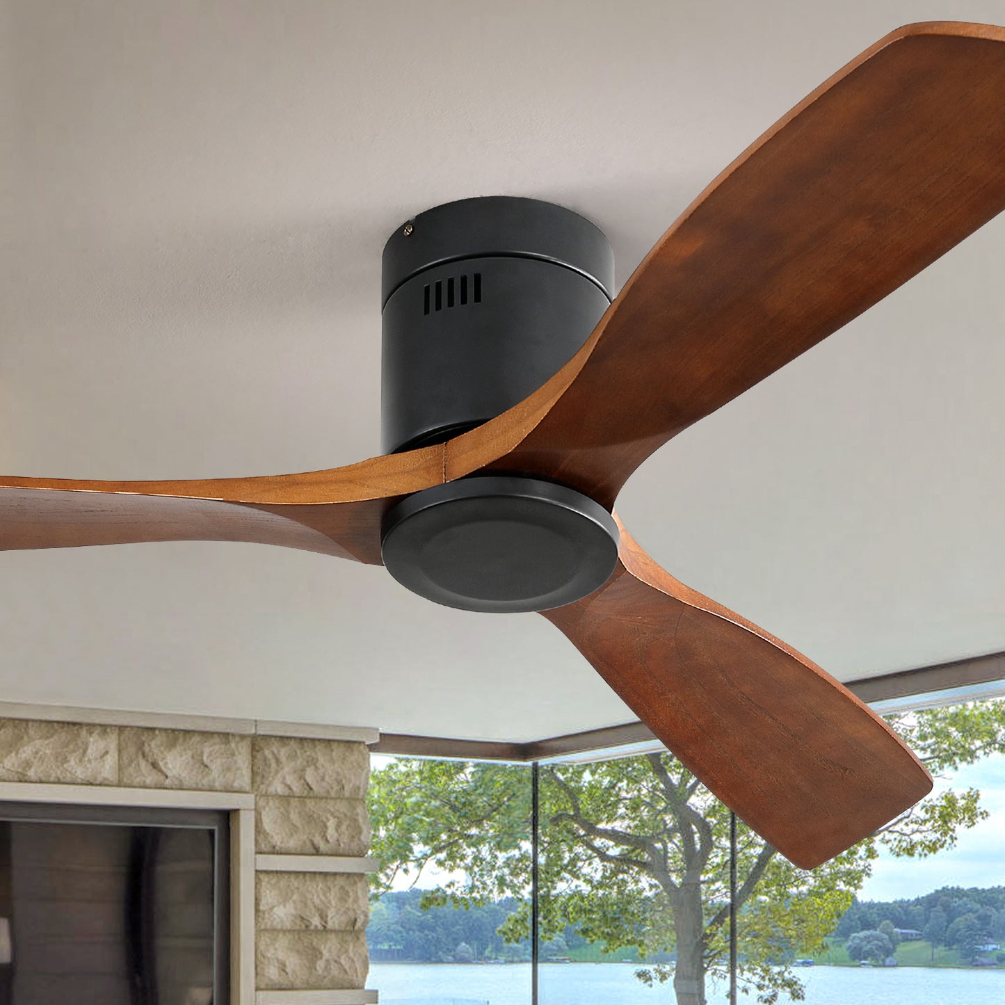 Modern black flush mount ceiling fan with natural wood blades