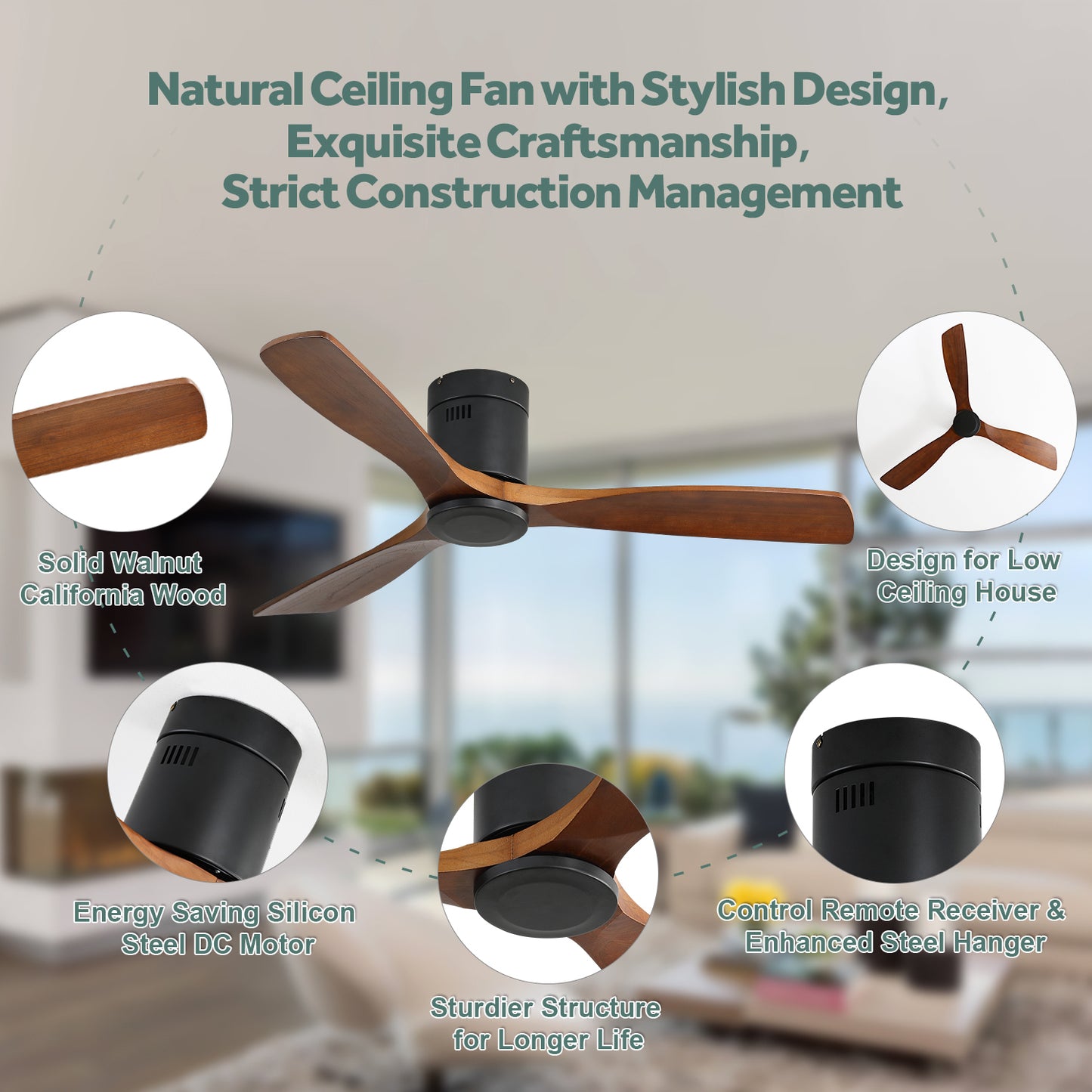 Modern ceiling fan with three solid walnut California wood blades and a black motor housing