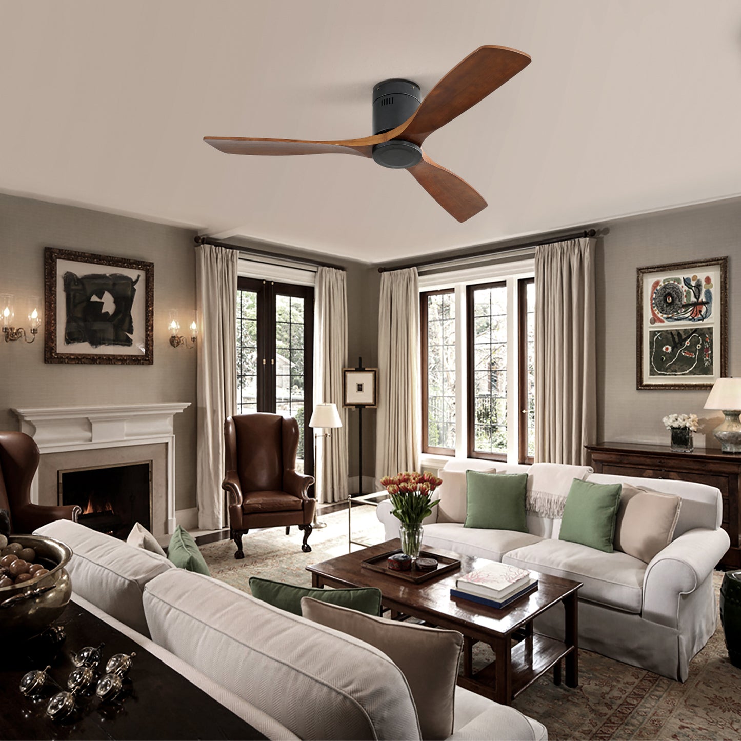Modern blade walnut ceiling fan with black housing for living room