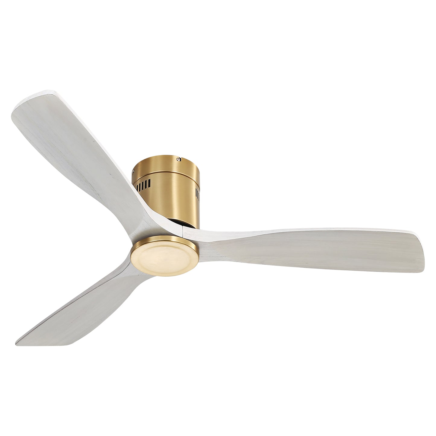 Modern white wood blade ceiling fan with brushed gold motor housing